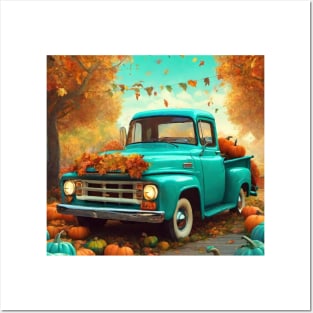 Cute Aqua Blue Vintage Little Pickup Truck Happy Fall Y'All Posters and Art